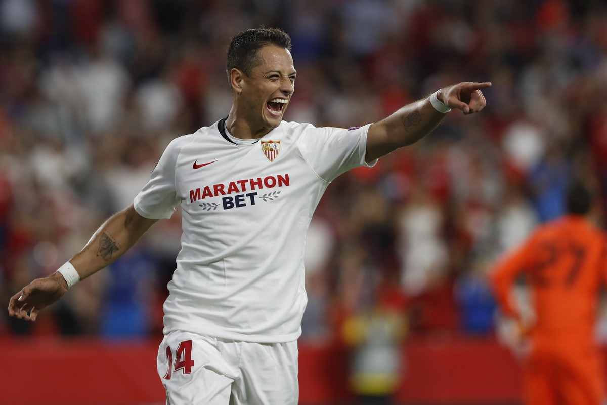 FILE - In this Oct. 3, 2019, file photo, Sevilla's Javier Hernandez celebrates after scoring his side's opening goal during a Europa League group A soccer match against APOEL Nicosia at the  ...