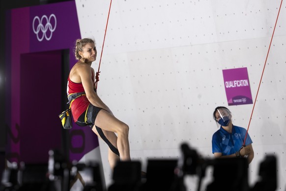 Petra Klingler of Switzerland reacts after falling off the wall during the women&#039;s Combined Lead Climbing Qualification at the 2020 Tokyo Summer Olympics in Tokyo, Japan, on Wednesday, August 4,  ...