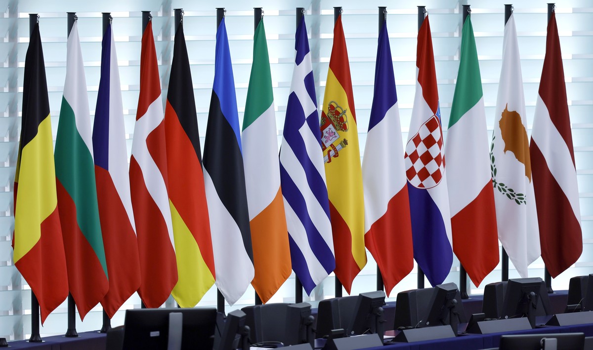 epa11676704 Flags of EU member states in the plenary room of the European Parliament in Strasbourg, France, 23 October 2024. The EU Parliament's session runs from 21 to 24 October 2024. EPA/RONAL ...