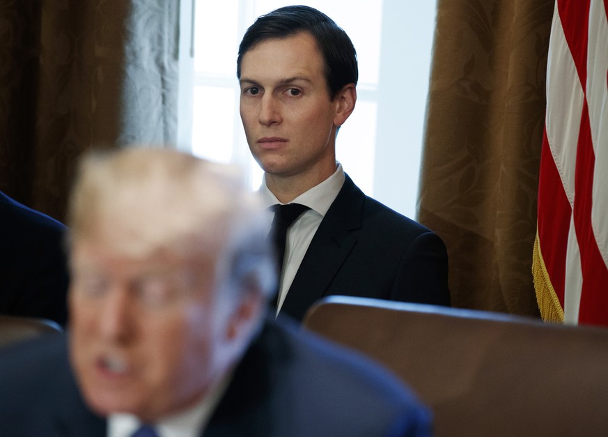 FILE - In this Nov. 1, 2017, file photo, White House senior adviser Jared Kushner listens as President Donald Trump speaks during a cabinet meeting at the White House in Washington. Politico is report ...