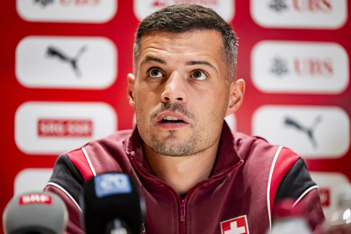 Switzerland's soccer player Granit Xhaka, speaks during a press conference of the Swiss national soccer team, in Salt Lake City, Utah, United States of America, Thursday, June 5, 2025. The soccer ...