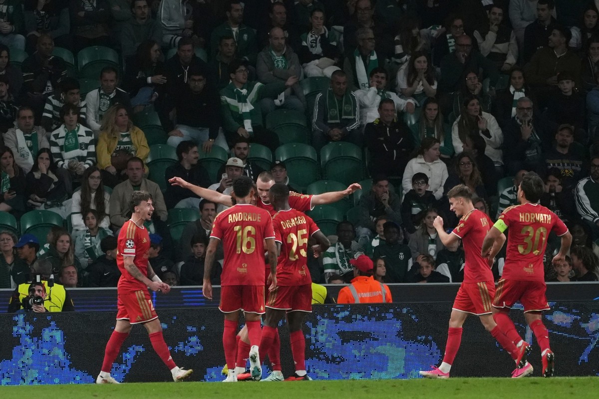 LASK's Sasa Kalajdzic, centre background, celebrates with teammates after scoring his side's second goal during the Champions League opening phase soccer match between Sporting CP and LASK i ...