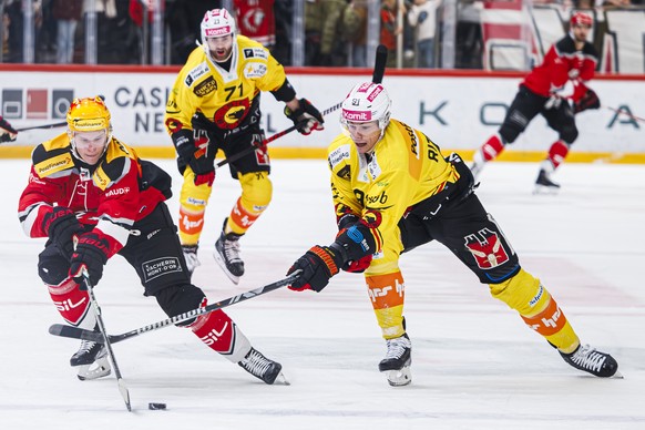 Le Top Scorer PostFinance lausannois Antti Suomela, gauche, lutte pour le puck avec l&#039;attaquant bernois Fabian Ritzmann, droite, lors du match du championnat suisse de hockey sur glace de Nationa ...