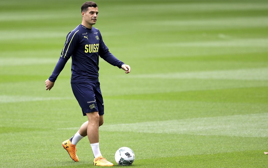Granit Xhaka, of Switzerland attends a training session with teammates at the Aviva stadium in Dublin, Ireland, Wednesday, Sept. 4, 2019. Switzerland play Ireland on Thursday in their group D match in ...