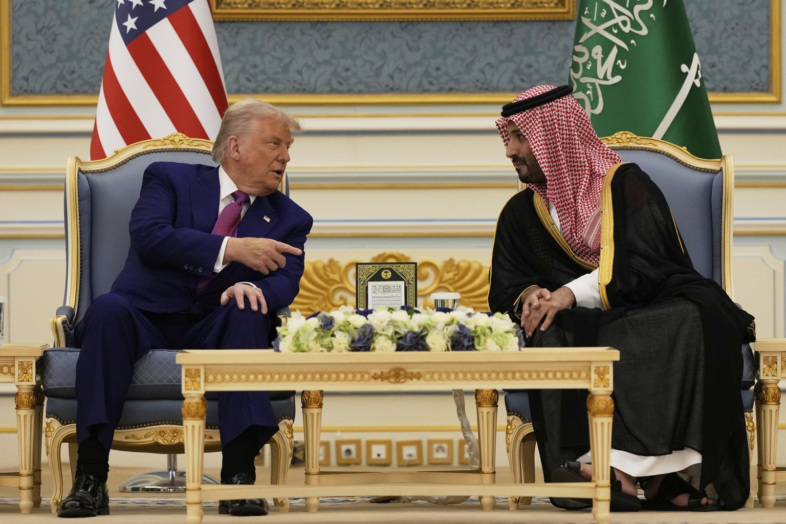 President Donald Trump and Saudi Crown Prince Mohammed bin Salman speak during a meeting at the Royal Palace in Riyadh, Saudi Arabia, Tuesday, May 13, 2025. (AP Photo/Alex Brandon)
APTOPIX Trump Midea ...