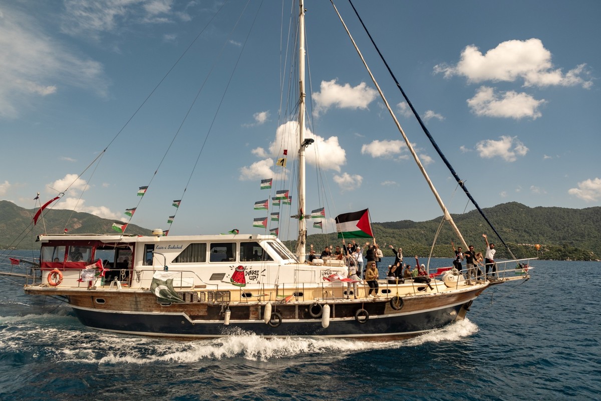 Boats belonging to the Global Sumud Flotilla, carrying activists and humanitarian aid, depart for Gaza from the port of Marmaris, Turkey, Thursday, May 14, 2026, in an attempt to break the Israeli nav ...