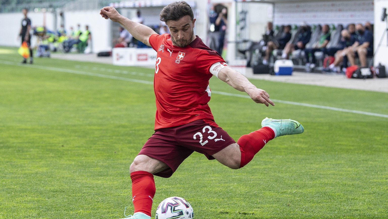 Switzerland&#039;s Xherdan Shaqiri in action during a friendly soccer match between Switzerland and Liechtenstein, at the kybunpark stadium in St. Gallen, Switzerland, Thursday, June 3, 2021. (KEYSTON ...