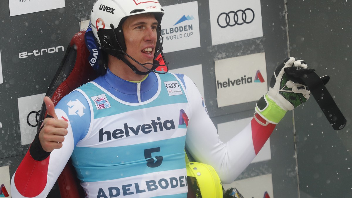 Switzerland's Ramon Zenhaeusern celebrates at the finish area during the second run of a ski World Cup men's slalom in Adelboden, Switzerland, Sunday, Jan. 13, 2019. (AP Photo/Gabriele Facci ...