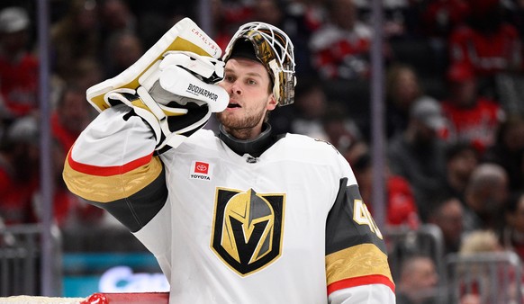 Vegas Golden Knights goaltender Akira Schmid takes a drink during the first period of an NHL hockey game against the Washington Capitals, Friday, Feb. 27, 2026, in Washington. (AP Photo/Nick Wass)
Gol ...