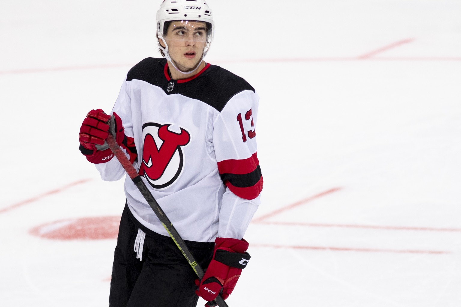 New Jersey Devils Nico Hischier, pictured during a NHL friendly game between Switzerland&#039;s SC Bern and New Jersey Devils, this Monday, October 1, 2018, at the Postfinance Arena in Bern, Switzerla ...