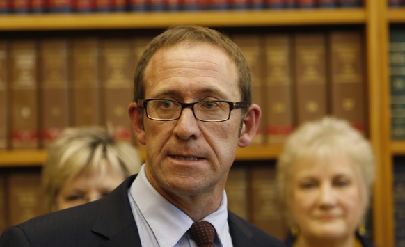 Andrew Little delivers his acceptance speech after being elected as the new leader of the opposition Labour Party Tuesday, Nov. 18, 2014, in Wellington, New Zealand. Little won from among four candida ...