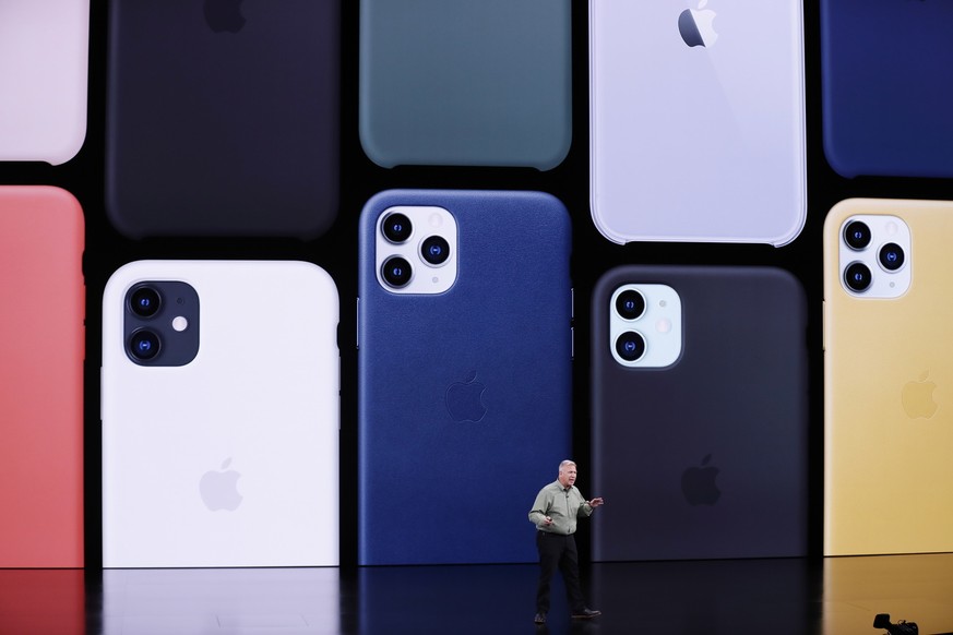 epa07833263 Apple Senior VP of Worldwide Marketing Phil Schiller speaks about the iPhone during the Apple Special Event in the Steve Jobs Theater at Apple Park in Cupertino, California, USA, 10 Septem ...
