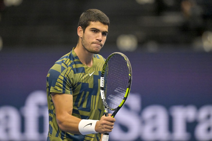 Spain&#039;s Carlos Alcaraz during his round of sixteen match against Botic van de Zandschulp from the Netherlands at the Swiss Indoors tennis tournament at the St. Jakobshalle in Basel, Switzerland,  ...