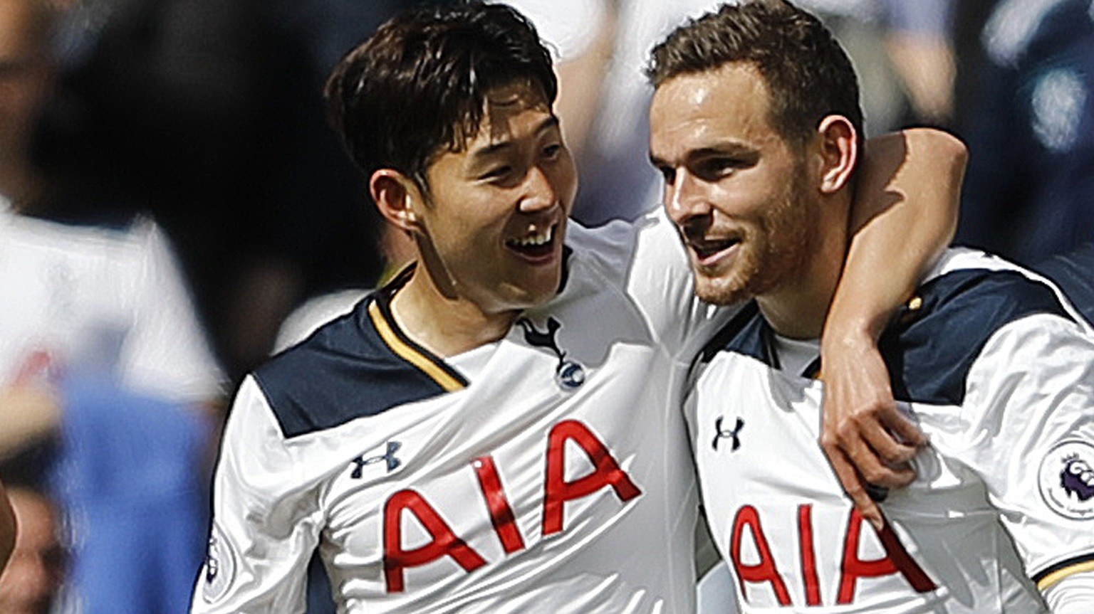 Tottenham Hotspur&#039;s Son Heung-min, left, and Tottenham Hotspur&#039;s Vincent Janssen celebrate after scoring during the Premier League soccer match between Tottenham Hotspur and Bournemouth at W ...