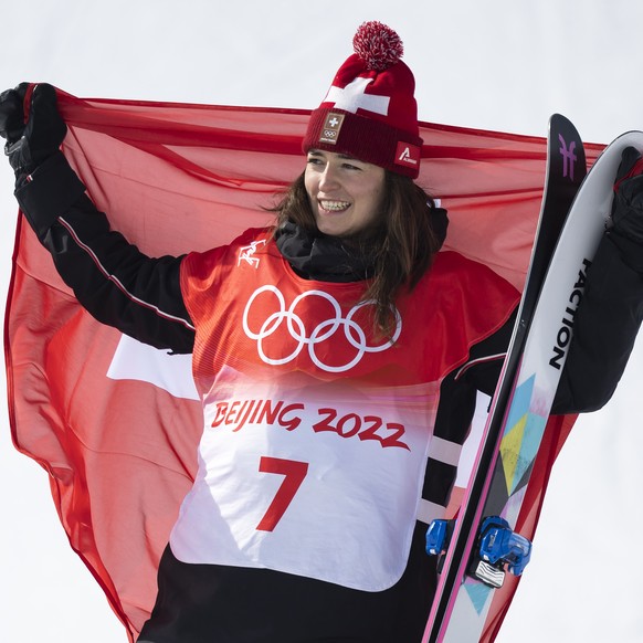 Mathilde Gremaud of Switzerland celebrates on the podium after winning the women&#039;s Freestyle Skiing Slopestyle final at the 2022 Winter Olympics in Zhangjiakou, China, on Tuesday, February 15, 20 ...
