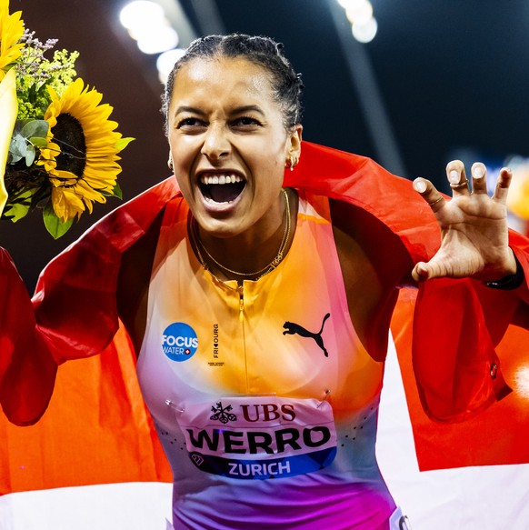 The winner and new world record Audrey Werro of Switzerland celebrates during the women's 800 meters at the World Athletics Diamond League Weltklasse Zurich athletics meeting at the Letzigrund st ...
