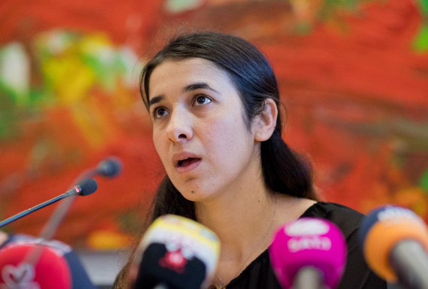 epa05338938 Human rights activist Nadia Murad Bansee Taha speaks at the state parliament in Hanover, Germany, 31 May 2016. The human right activist spoke about her time as a prisoner of the Islamic St ...