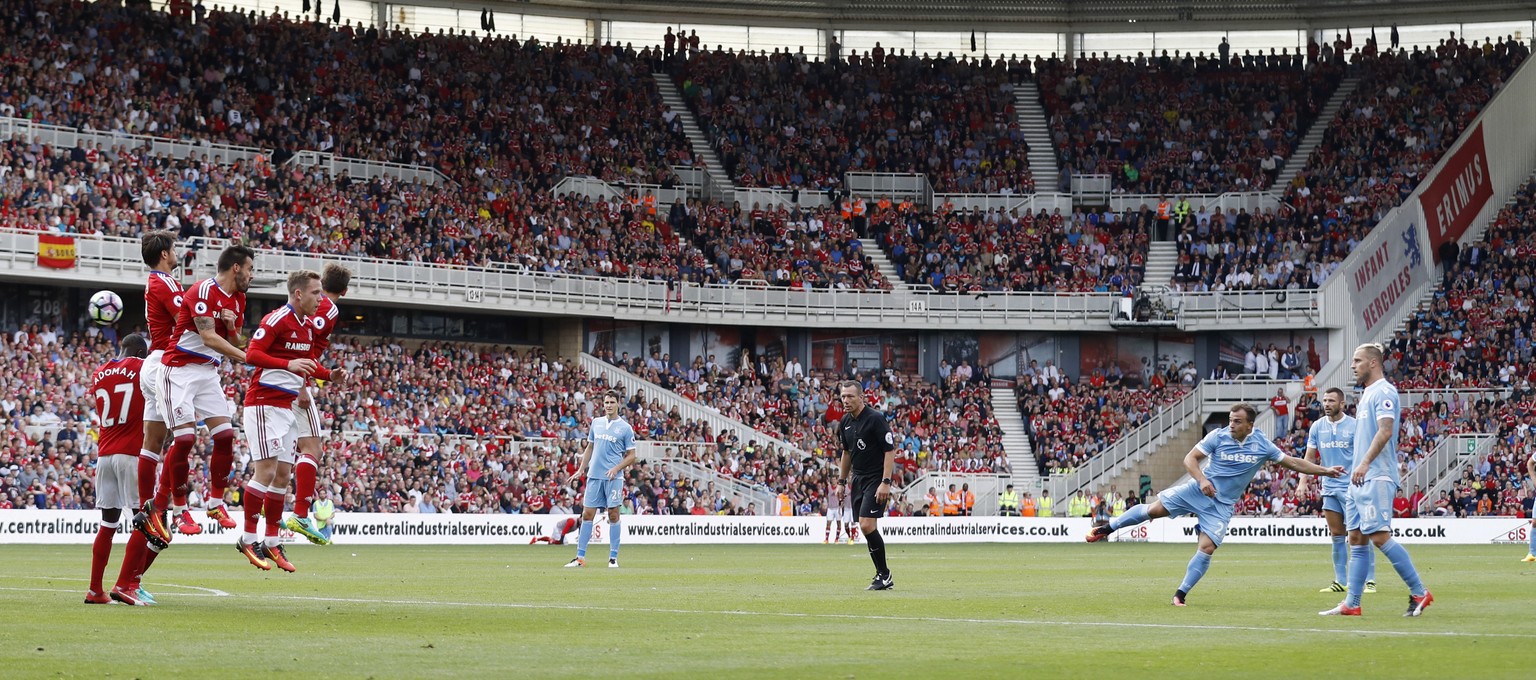 Britain Football Soccer - Middlesbrough v Stoke City - Premier League - The Riverside Stadium - 13/8/16
Stoke City&#039;s Xherdan Shaqiri scores their first goal from a free kick
Action Images via R ...