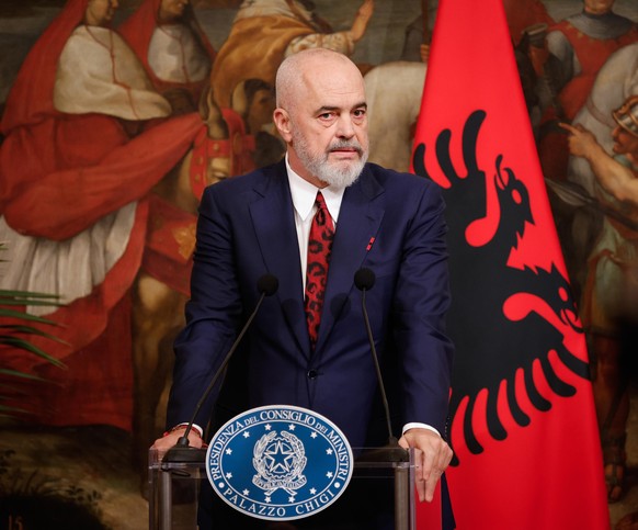 epa10960753 Albania&#039;s Prime Minister Edi Rama attends a press conference with Italy&#039;s Prime Minister Giorgia Meloni(not pictured) at Chigi Palace in Rome, Italy, 06 November 2023. EPA/GIUSEP ...