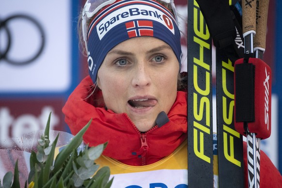 Winner Therese Johaug of Norway after the Women&#039;s Mass Start 10.0 km during the FIS Cross Country Skiing World Cup in Falun, Sweden, Sunday Feb. 9, 2020. (Henrik Montgomery/TT via AP)