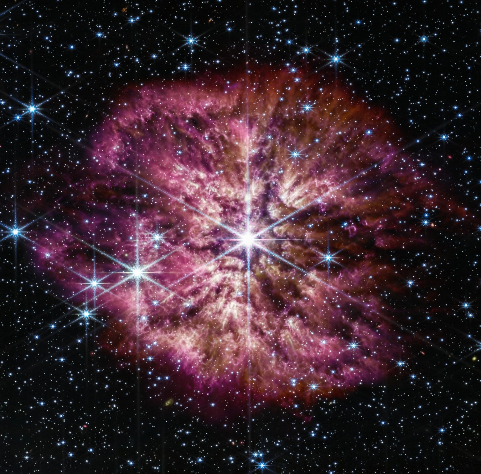 Wolf-Rayet-Stern, aufgenommen vom James-Webb-Teleskop
https://webbtelescope.org/contents/media/images/2023/111/01GTWASGERK0M8G86WZZSRC1ZX