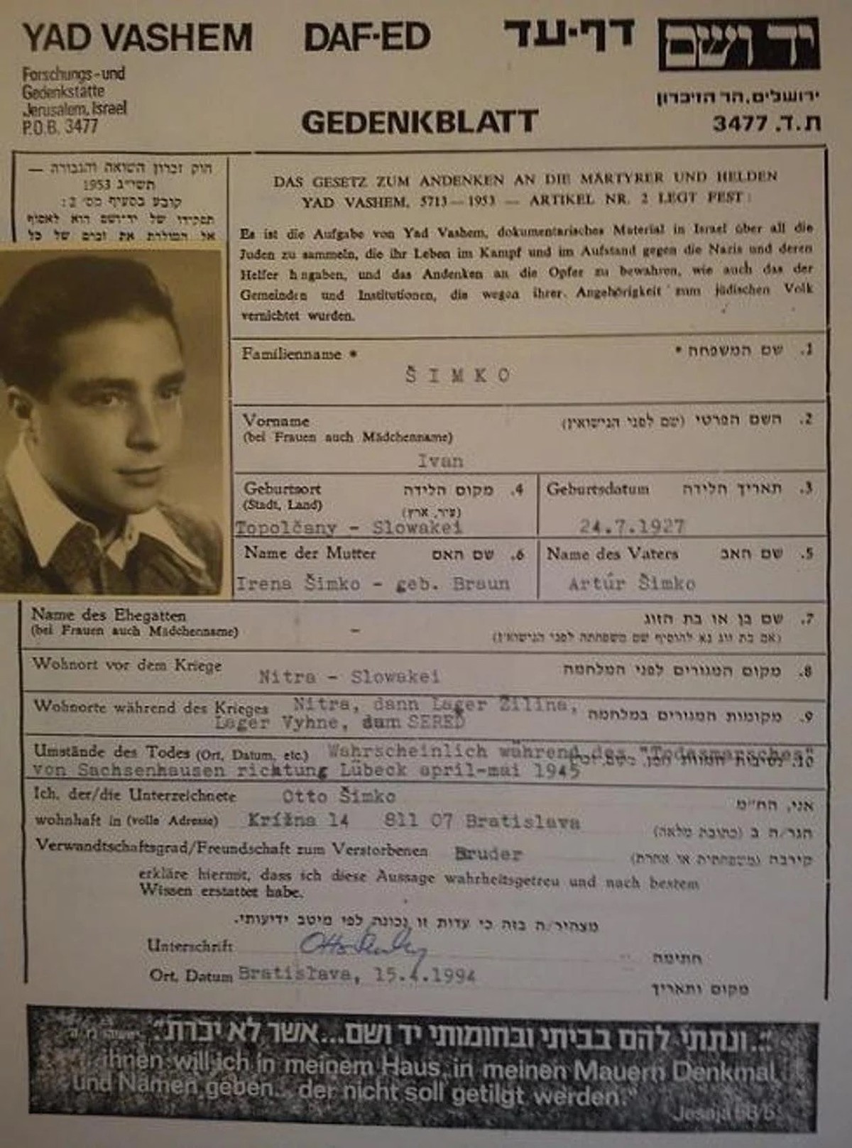 Gedenkblatt des Bruders von Otto Šimko.