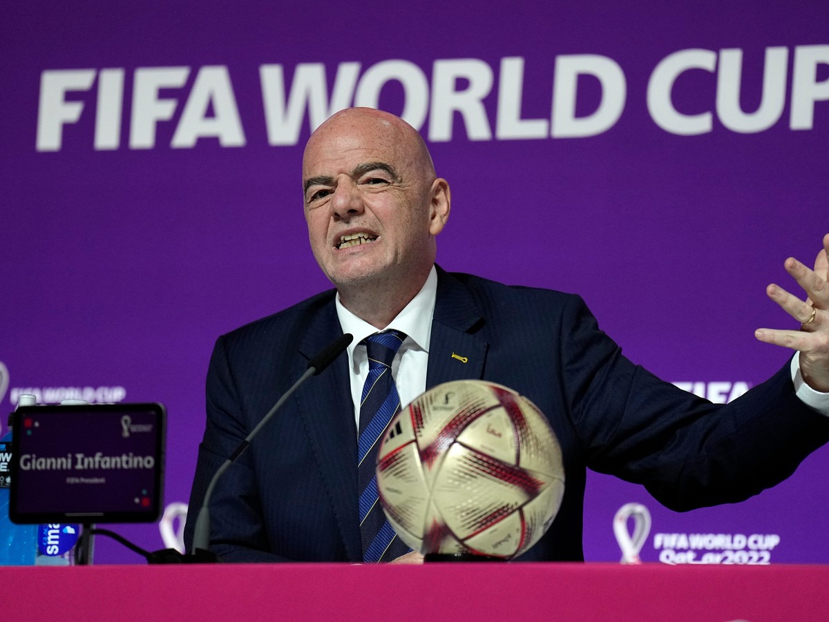 FILE - FIFA President Gianni Infantino gestures as he meets the media at the FIFA World Cup closing press conference in Doha, Qatar, Friday, Dec. 16, 2022. (AP Photo/Martin Meissner, File)
FIFA Infant ...