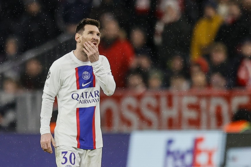 epa10510576 Lionel Messi of Paris Saint-Germain reacts after the UEFA Champions League Round of 16, 2nd leg match between Bayern Munich and Paris Saint-Germain in Munich, Germany, 08 March 2023. EPA/R ...