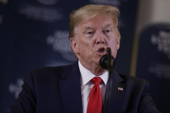 US President Donald Trump speaks during a news conference at the World Economic Forum in Davos, Switzerland, Wednesday, Jan. 22, 2020. Trump&#039;s two-day stay in Davos is a test of his ability to ba ...