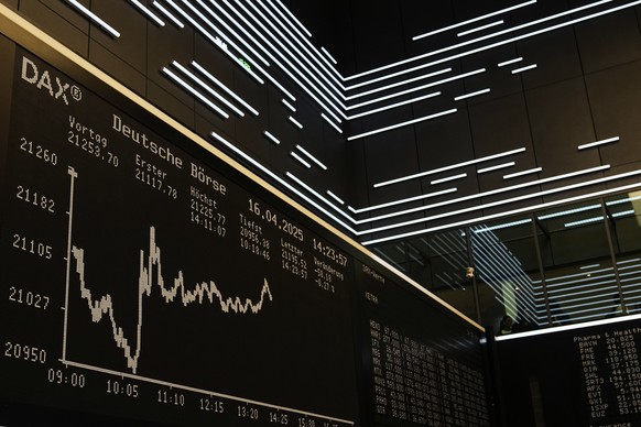 The German stock index, DAX, is pictured at the stock market in Frankfurt, Germany, Wednesday, April 16, 2025. (AP Photo/Matthias Schrader)
Germany Trump Tariffs