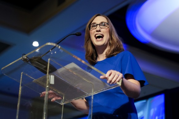 Sarah McBride, Democratic candidate for Delaware&#039;s at-large congressional district, speaks during an election night watch party Tuesday, Nov. 5, 2024, in Wilmington, Del. (AP Photo/Pamela Smith)
