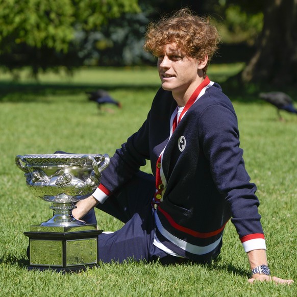 Jannik Sinner of Italy poses with the Norman Brookes Challenge Cup at a photo shoot the morning after defeating Daniil Medvedev of Russia in the men&#039;s singles final at the Australian Open tennis  ...