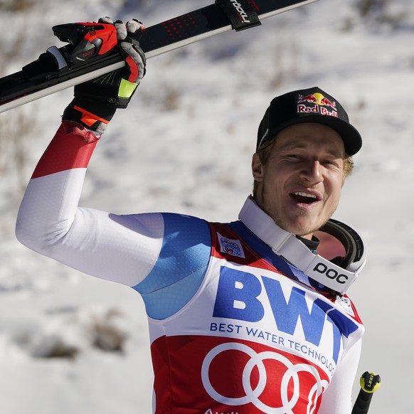 Switzerland&#039;s Marco Odermatt celebrates after finishing second in a men&#039;s World Cup super-G skiing race Friday, Dec. 3, 2021, in Beaver Creek, Colo. (AP Photo/Gregory Bull)