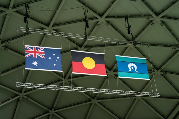 Melbourne, Australia, July 21st 2023: The Australian, Aboriginal and Torres Strait Islander flags during the 2023 FIFA Womens World Cup football match between Nigeria and Canada at Melbourne Rectangul ...