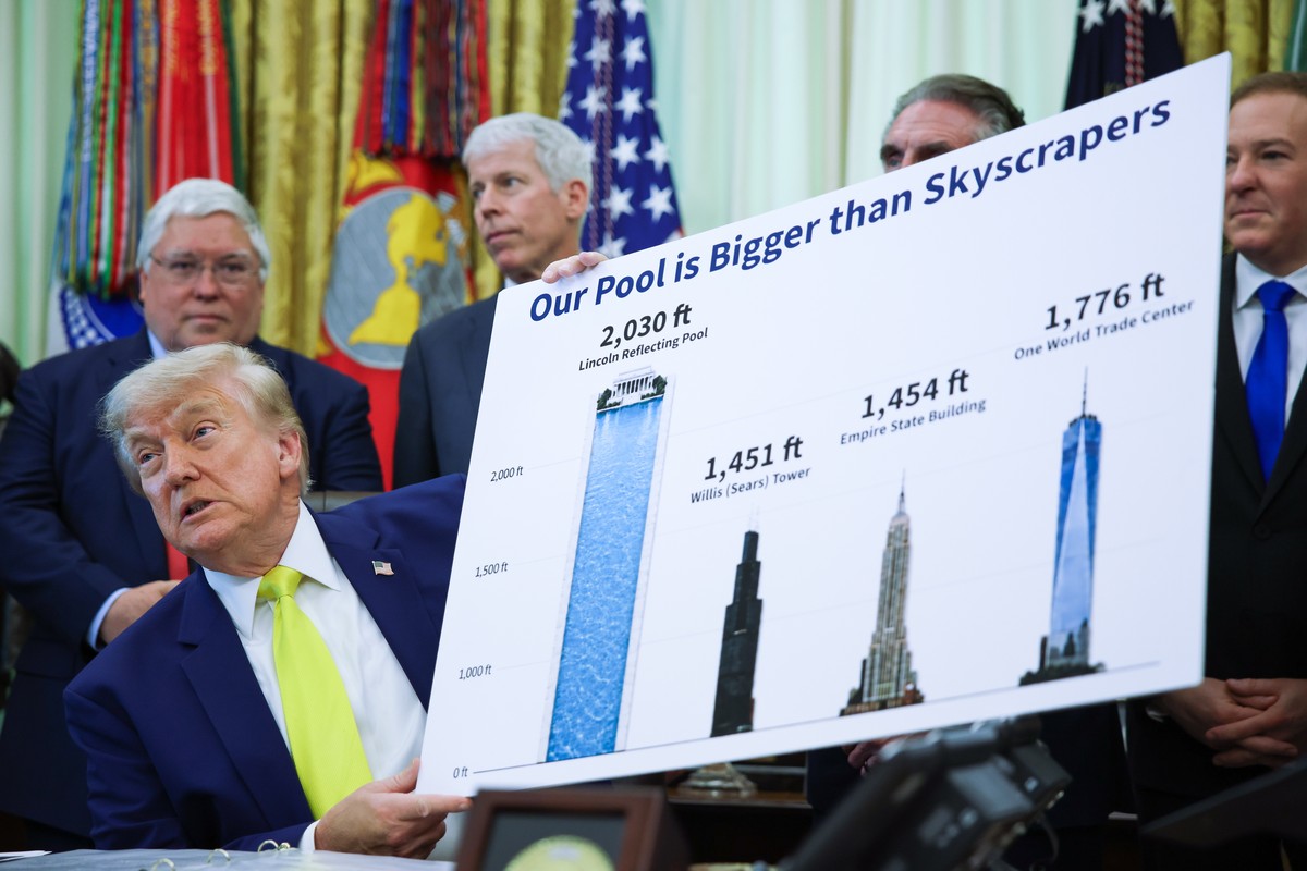 epa13016637 US President Donald Trump holds up a poster with information on the renovations made to the Lincoln Reflecting Pool before speaking about 'Beautiful, Clean Coal' in the Oval Offi ...