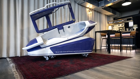 epa11483318 The death capsule 'Sarco' developed by Exit International is presented during a press conference at Resilient Studios in Zurich, Switzerland, 17 July 2024. The Last Resort euthan ...