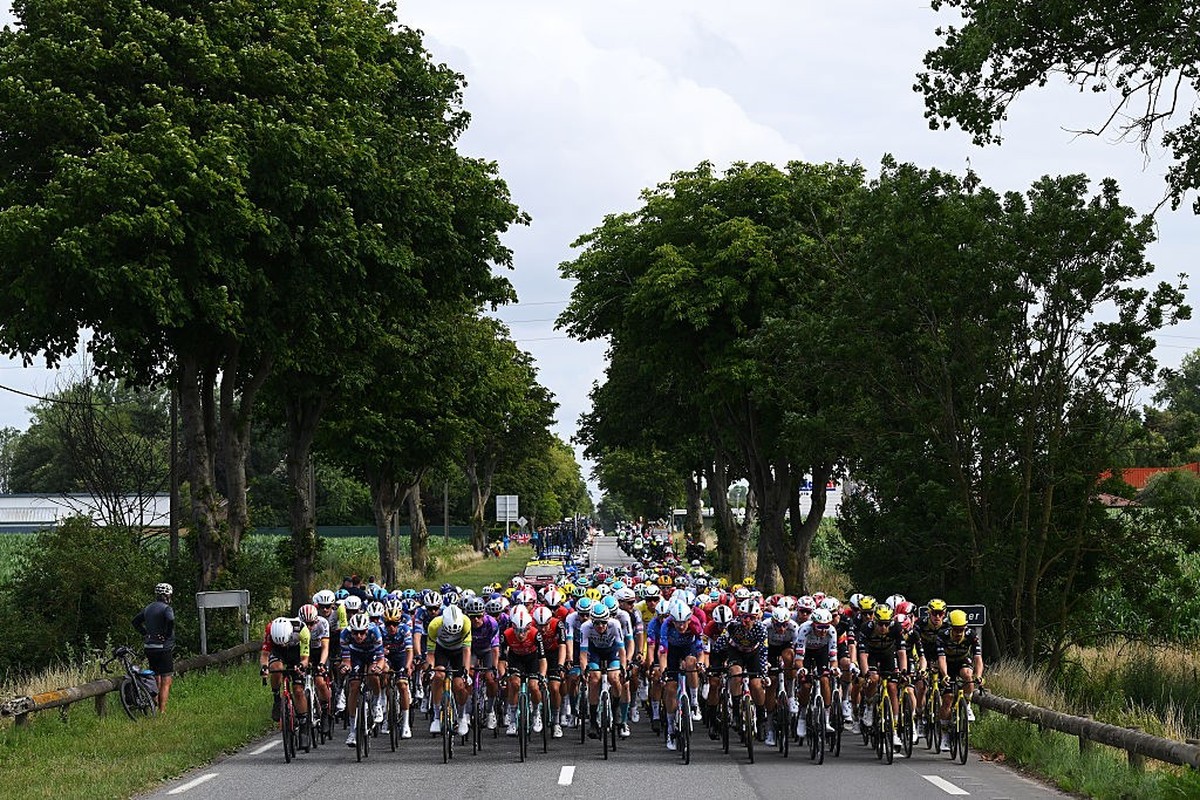 DUNKERQUE, FRANCE - JULY 07: A general view of the peloton passing through a landscape during the 112th Tour de France, Stage 3 a 178.3km stage from Valenciennes to Dunkerque / #UCIWT / on July 07, 20 ...