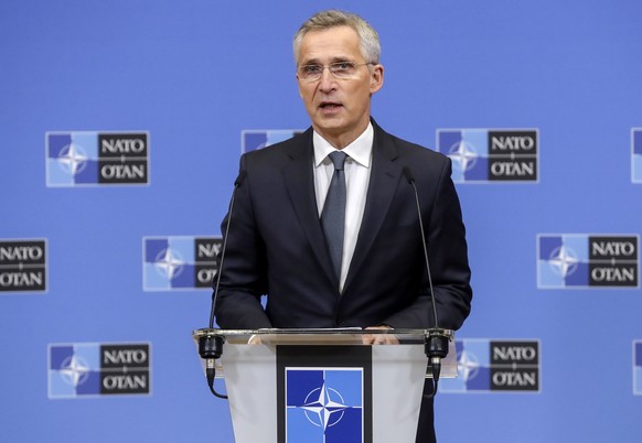 epa09780512 NATO Secretary General Jens Stoltenberg addresses a press conference after an extraordinary meeting of the North Atlantic Council (NAC) following Russia&#039;s aggression against Ukraine,  ...