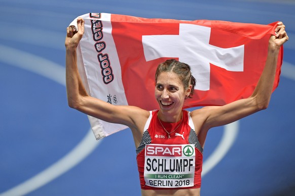 ARCHIVBILD ZUM KEYSTONE-SDA-PREMIUMTEXT ZU FABIENNE SCHLUMPF --- Switzerland&#039;s Fabienne Schlumpf celebrates after win the silver medal in the 3000 steeplechase women final at the 2018 European At ...