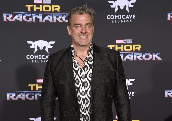 FILE - Ray Stevenson arrives at the world premiere of &quot;Thor: Ragnarok&quot; in Los Angeles on Oct. 10, 2017. Stevenson, the Irish actor who played the villain in ?RRR,? an Asgardian warrior the ? ...