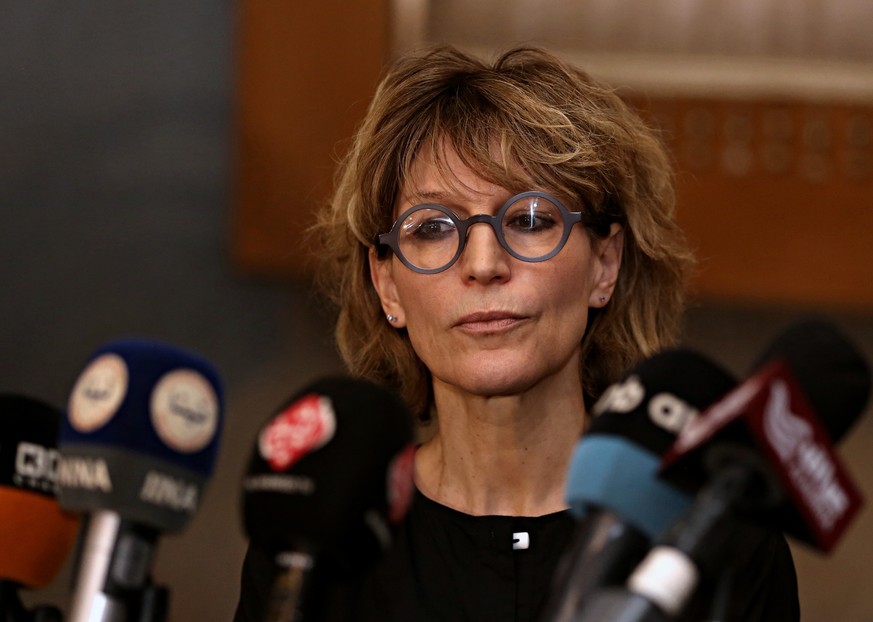 Agnes Callamard, U.N. Special Rapporteur on Extra-Judicial Summary or Arbitrary Executions, talking to reporters in Baghdad, Iraq, Thursday, Nov. 23, 2017. Callamard called on the Iraqi government to  ...