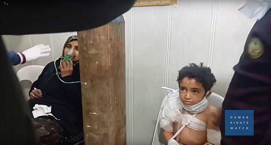 A still image from an undated video provided to Reuters on February 13, 2017, by Human Rights Watch claiming to show people treated in Aleppo, Syria, following a gas attack. Courtesy of Human Rights W ...