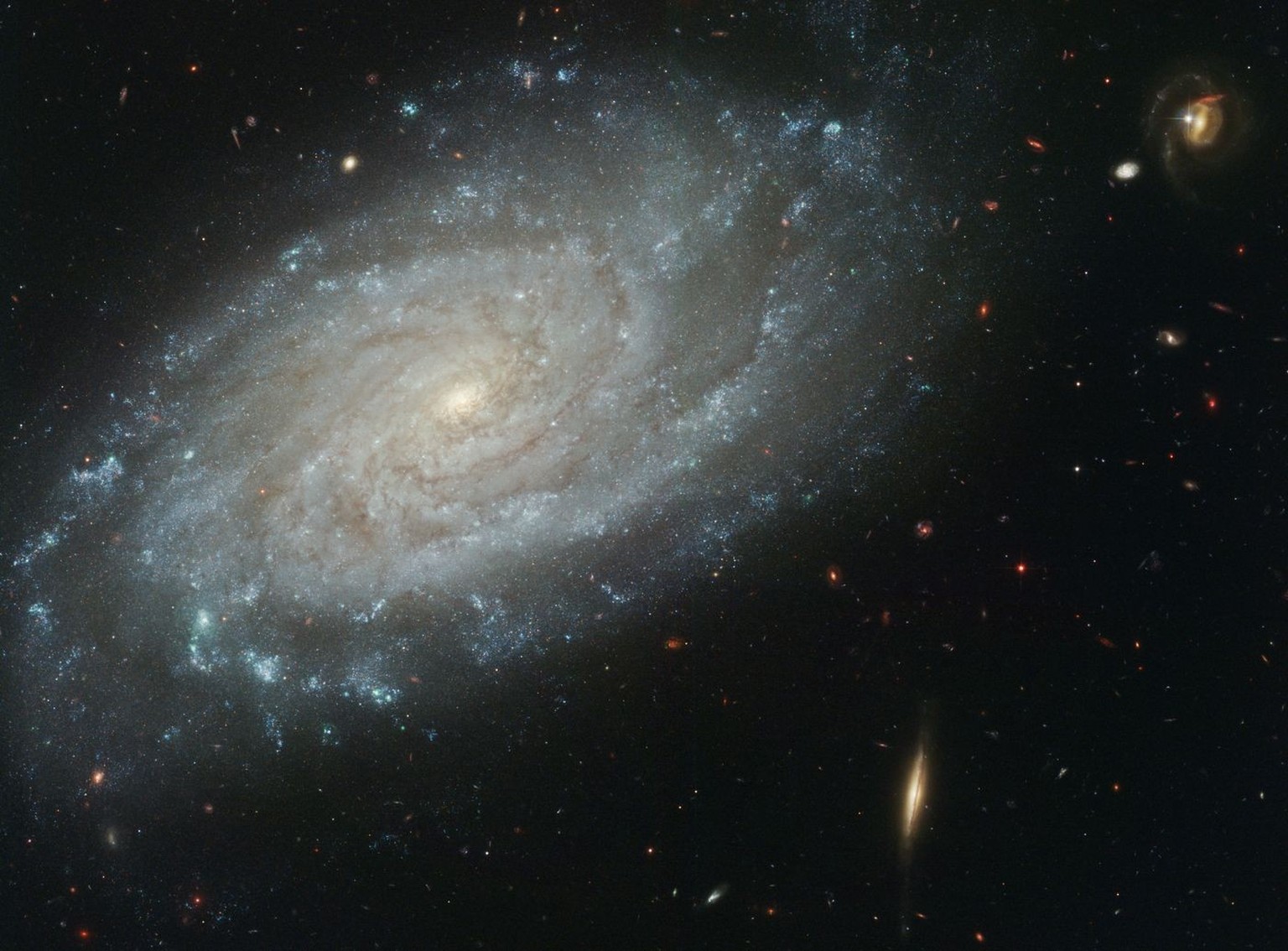Amid a backdrop of far-off galaxies, the majestic dusty spiral, NGC 3370, looms in the foreground in this NASA/ESA Hubble Space Telescope image. Recent observations taken with the Advanced Camera for  ...