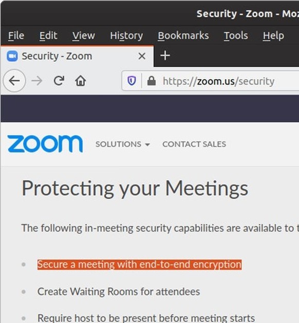 Auf der Webseite behauptet Zoom noch immer, Meetings hätten eine Ende-zu-Ende-Verschlüsselung (Stand: 3. April).