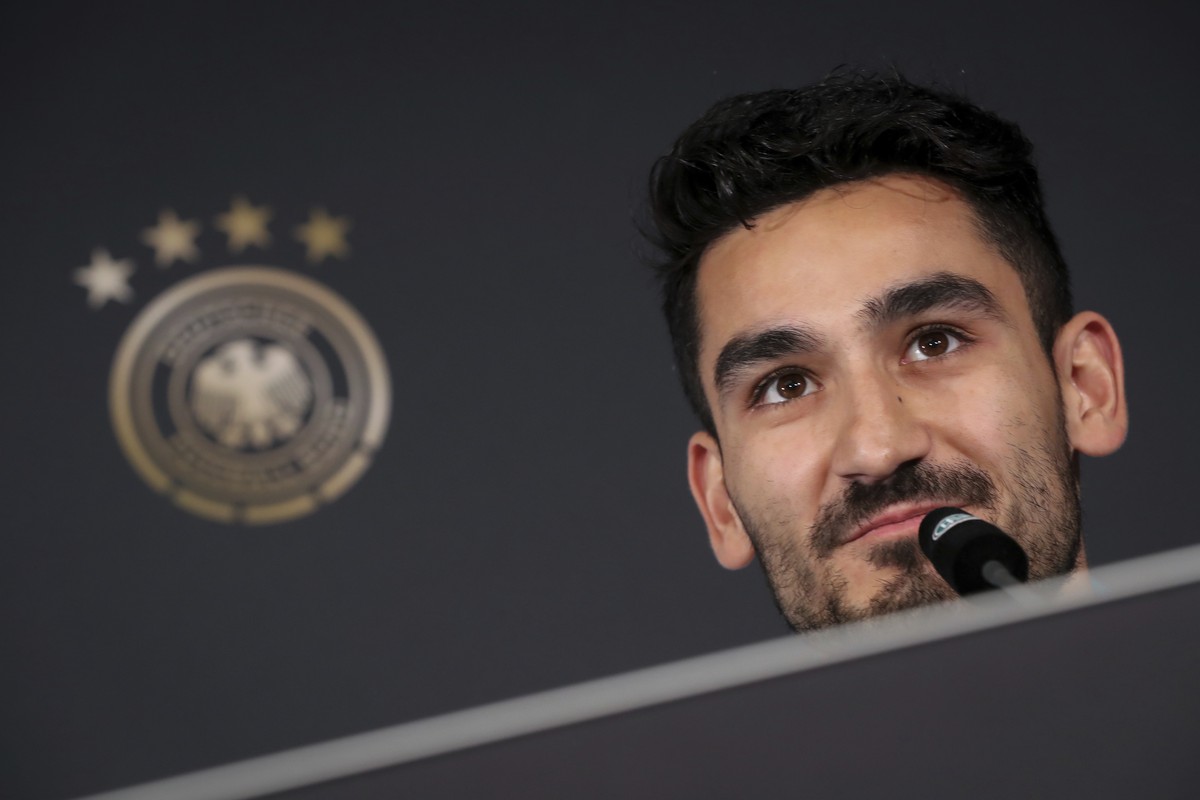 Germany's national soccer player Ilkay Gundogan attends a news conference, in Berlin, Germany, Sunday, March 25, 2018. Germany will face Brazil in an international friendly soccer match on Tuesda ...