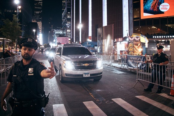 A vehicle believed to be carrying Taylor Swift departs Madison Square Garden as preparations continue for her wedding with NFL player Travis Kelce, on Friday, July 3, 2026, in New York. (AP Photo/Andr ...