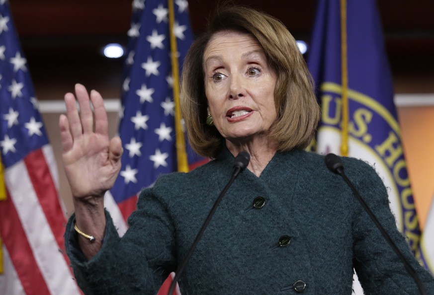 In this Jan. 10, 2019 photo, Speaker of the House Nancy Pelosi, D-Calif., meets with reporters in her first formal news conference, on Capitol Hill in Washington. Pelosi has asked President Donald Tru ...