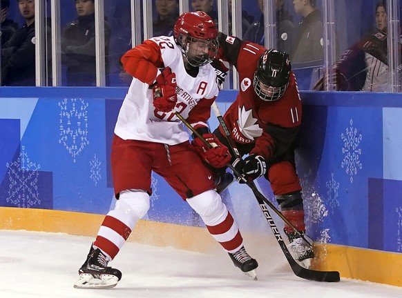 epa06515178 Jillian Saulnier (R) of Canada in action against Maria Batalova (L) of Olympic Athlete from Russia during the women&#039;s Ice Hockey match between Canada and Olympic Athlete from Russia t ...