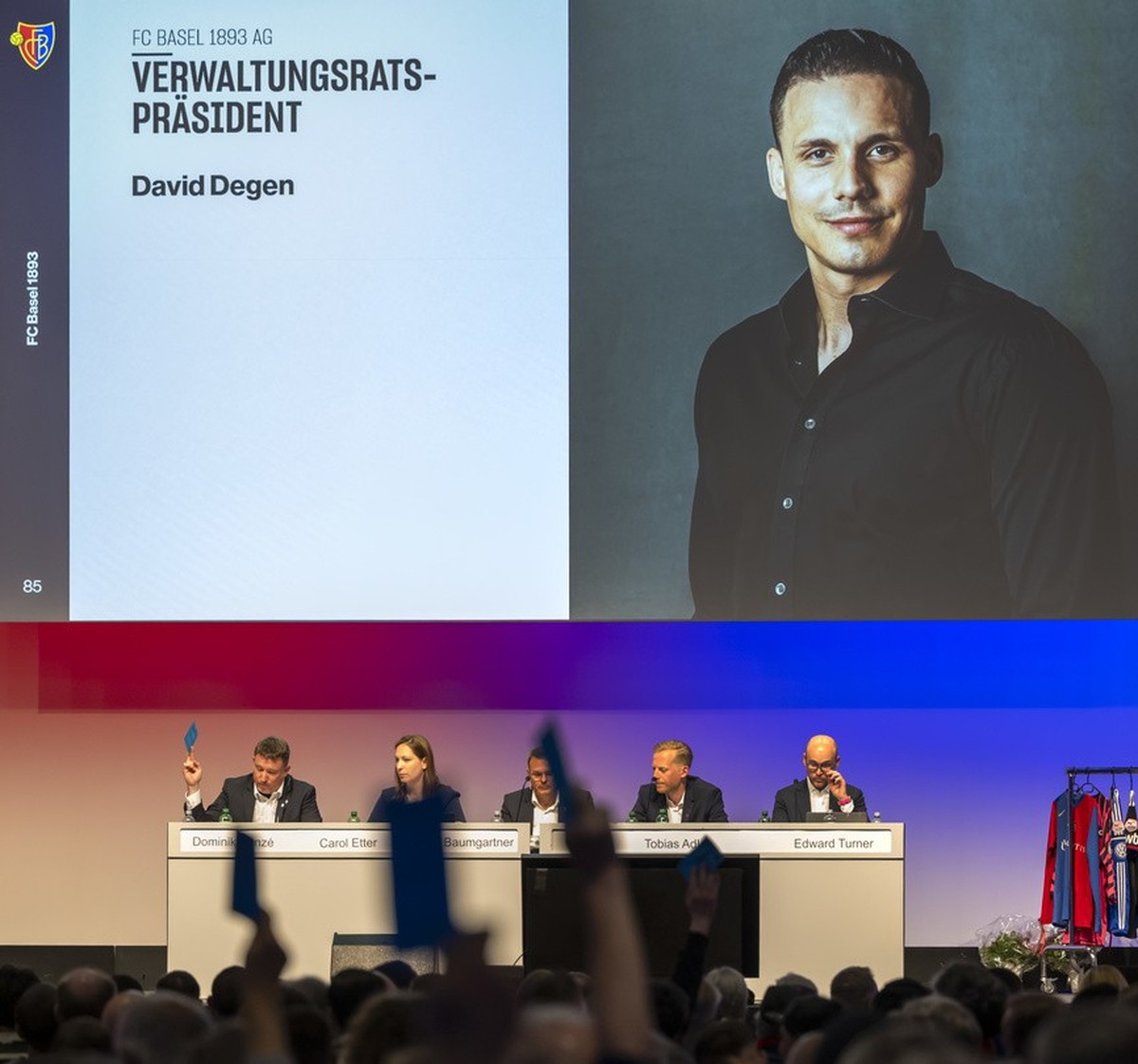 David Degen wird wieder als Verwaltungsratspraesident der FC Basel 1893 AG gewaehlt an der 130. Mitgliederversammlung des FC Basel 1893 in Basel, am Montag, 6. Mai 2024. (KEYSTONE/Georgios Kefalas)