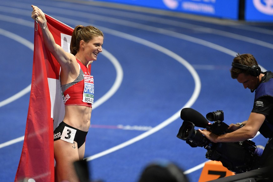 Switzerland&#039;s Lea Sprunger celebrates after win the gold medal in the women&#039;s 400m hurdles final at the 2018 European Athletics Championships in the Olympiastadion stadium in Berlin, Germany ...